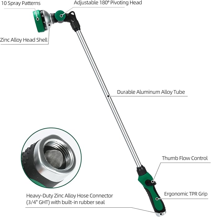 Watering Wand for Garden Hose, 30 Inch, 10 Spray Patterns, Thumb Control Garden - Image 2
