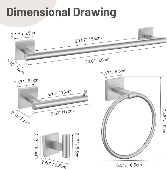 5 Pieces Bathroom Hardware Set, Brushed Nickel Towel Bar Set Includes 23.6” - Image 7