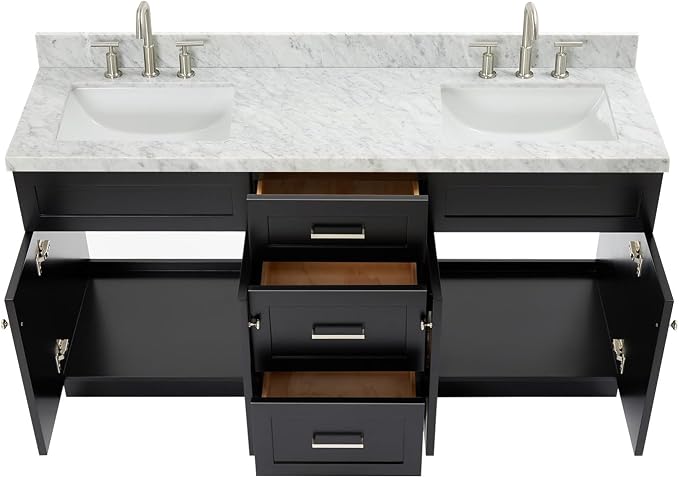 ARIEL Hamlet 67" Black Double Vanity, 1.5" Edge Italian Carrara Marble - Image 4
