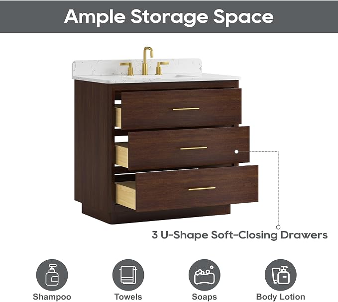 36 Inch Bathroom Vanity with Sink, Solid Wood Frame with Engineered Marble - Image 6