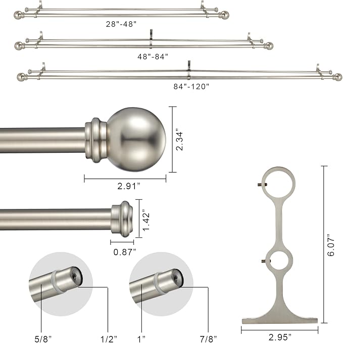 Double Curtain Rod 28 to 48 inch, Adjustable 1 inch Double Drapery Rod Rods - Image 3