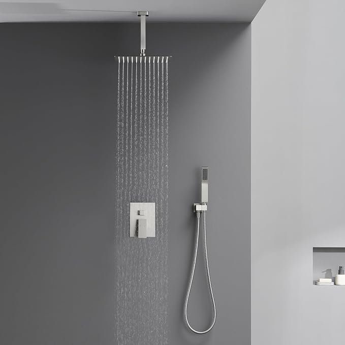 Shower System 12 Inches Rain Shower Combo Set Brushed Nickel Ceiling Mount - Image 3