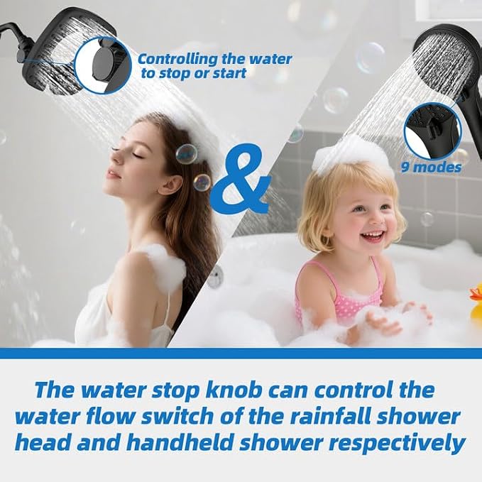 Black Shower Head with Handheld Spray Combo 2 in 1 Rainfall High Pressure with - Image 7