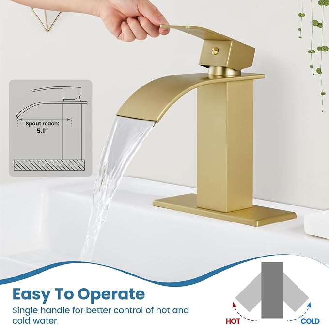 Airuida Brushed Gold Waterfall Spout Single Handle Bathroom Sink Faucet Single - Image 2