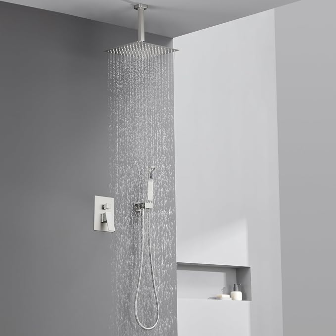 Shower System 12 Inches Rain Shower Combo Set Brushed Nickel Ceiling Mount - Image 4