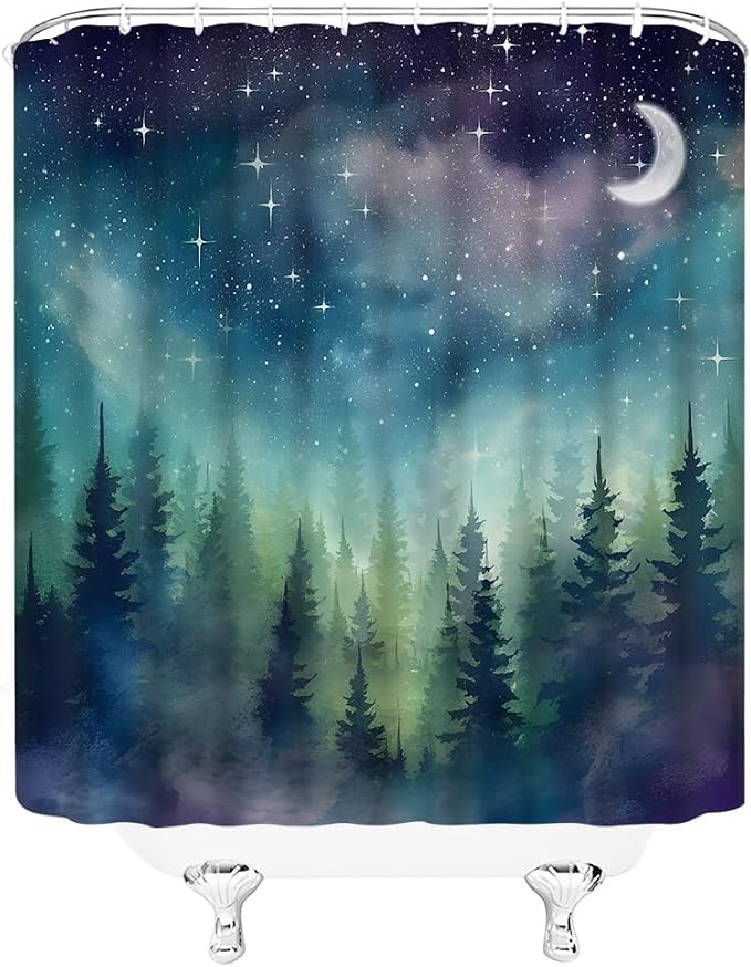 Forest Moon Shower Curtain Watercolor Misty Forest Fantasy Starry Sky Galaxy - Image 2