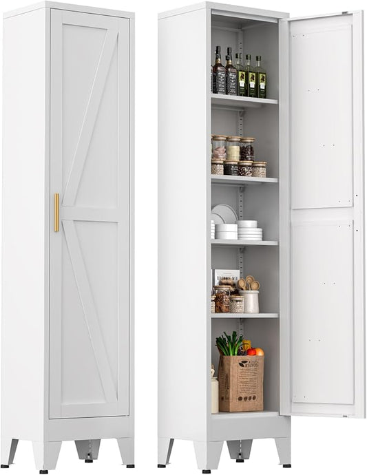 Narrow Metal Cabinet with 4 Adjustable Shelves and Barn Doors, Tall Bathroom by MetalStorageCabient
