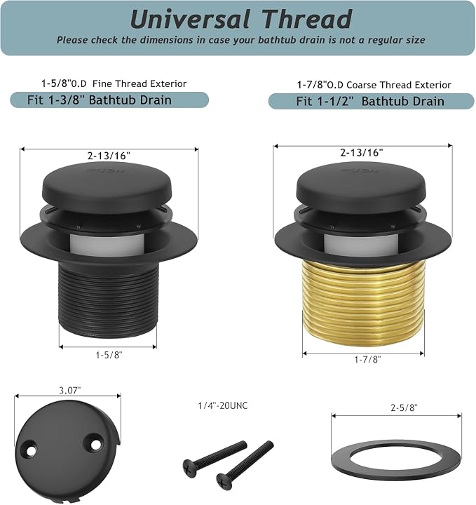 Tip-Toe Bathtub Drain Kit with Two-Hole Overflow Plate, Universal Fine/Coarse - Image 5