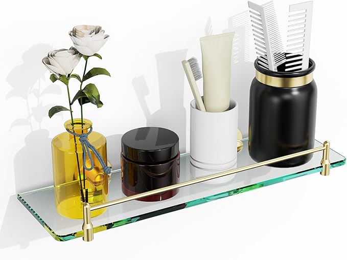 Glass Bathroom Shelves, Brushed Gold Floating Shelves by HOMELIFE