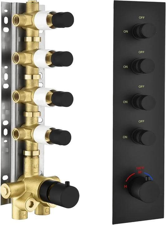 Brass Matte Black 4-Way Thermostatic Shower Diverter Valve by OMEKNTOP