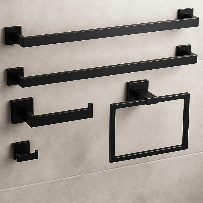 Matte Black 5-Piece Bathroom Hardware Set， INDARE Towel Rack by indare