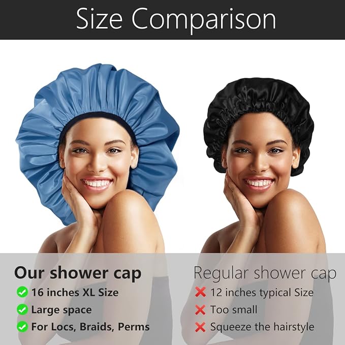 Auban Extra Large Shower Cap, Double-Layer Waterproof Reusable Satin Lining XL - Image 4