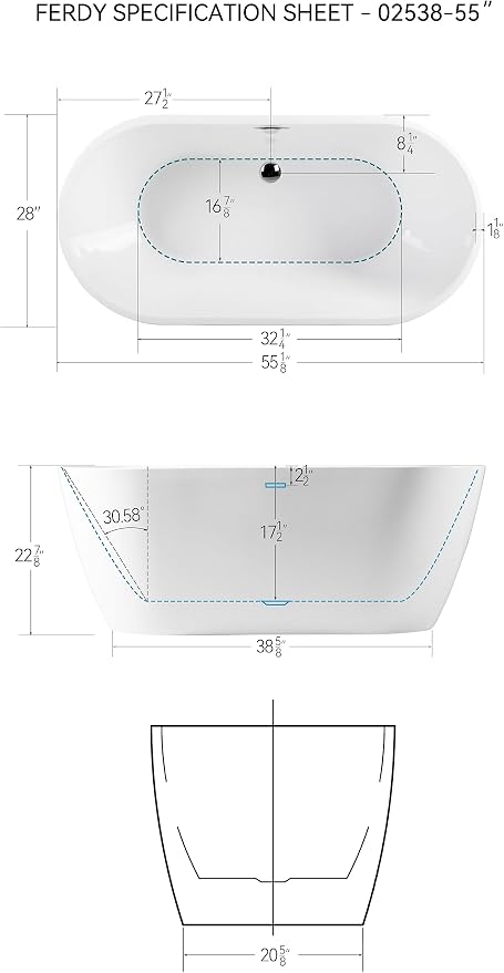 FerdY Nauru 55" Acrylic Freestanding Bathtub, Gracefully Shaped Freestanding - Image 5