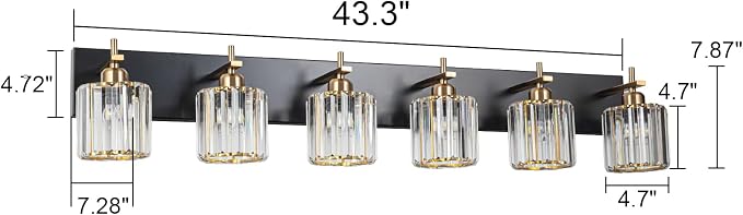 6-Light Crystal Bathroom Vanity Light, Modern Black Gold Bathroom Light - Image 4