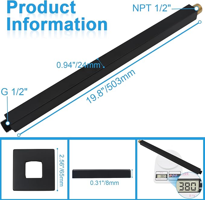 Ceiling Mount Shower Arm with Flange 20 Inches Square Straight Extender - Image 6