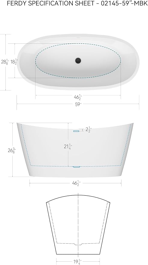 FerdY Naha Elite 59" Acrylic Freestanding Bathtub, Curve Edge Freestanding - Image 6