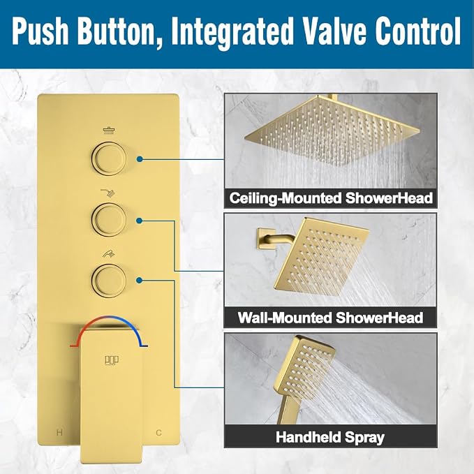 POP SANITARYWARE Shower Faucet Set Brushed Gold Bathroom Rainfall Shower System - Image 5