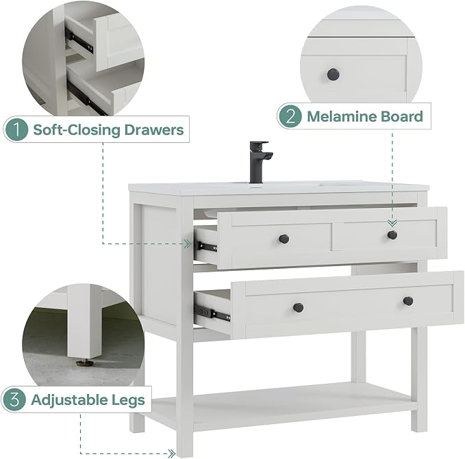 36 Inch Bathroom Vanity with Sink, Farmhouse Storage Cabinet with Drawers & - Image 5