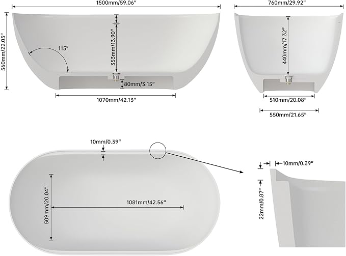 59" Premium Solid Surface Freestanding Bathtub - Image 5