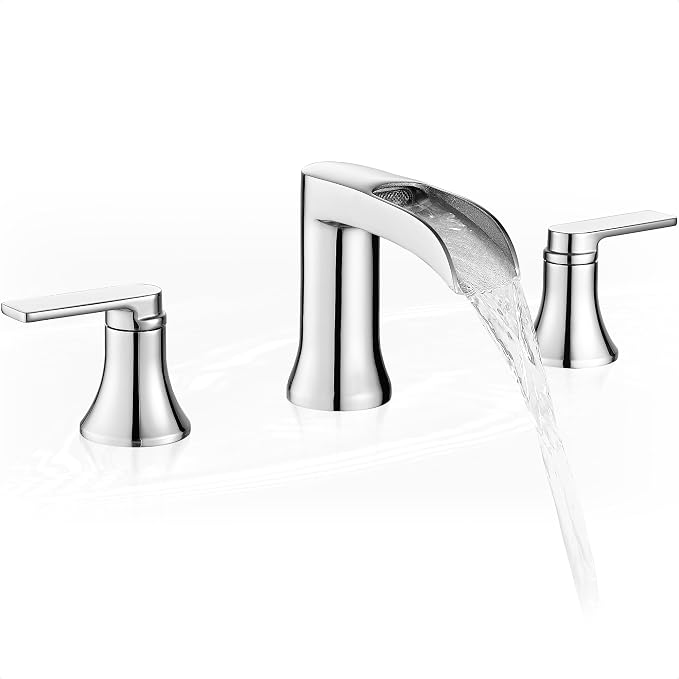 Chrome Deck Mount Tub Faucet 3 Hole, Brass Widespread Waterfall Bathtub Faucet by HOIGY