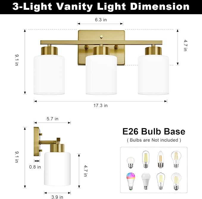 Brushed Gold Bathroom Light Fixtures, 3-Light Modern Vanity Light Over Mirror - Image 2