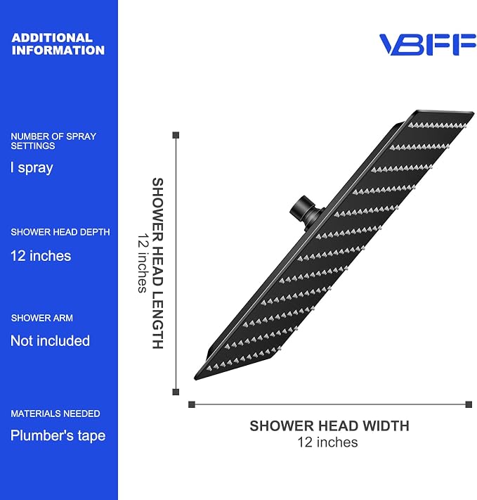 VBFF-Shower Head, rain shower head, 12 inch- Square Shower Head, 1.8 GPM Flow - Image 6