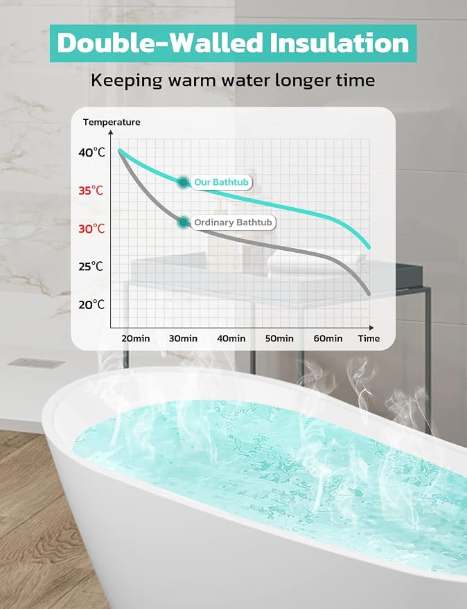 Freestanding Bathtub, 55 inch Acrylic Free Standing Soaking Bathroom Tub - Image 4
