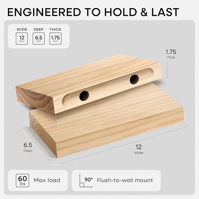 Homeforia 12 inch Natural Floating Shelf, High End Solid Real Wood 12inch Small - Image 2