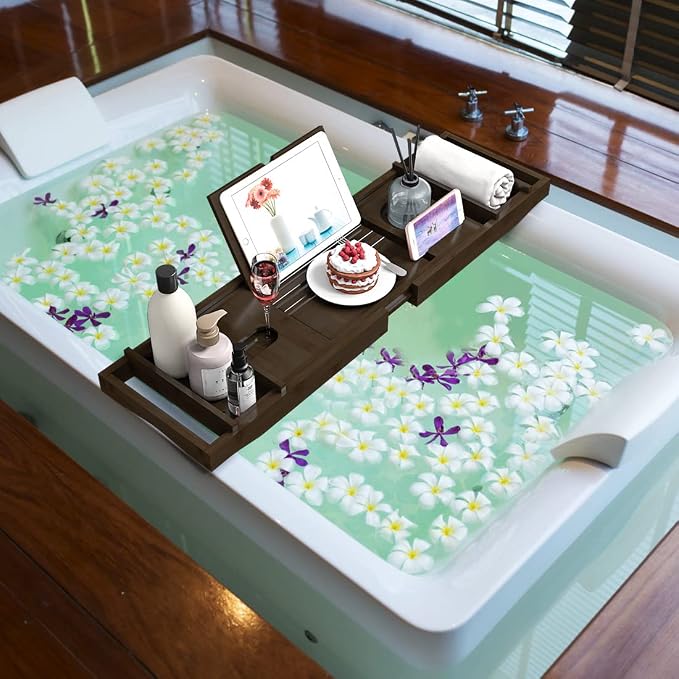 Bamboo Bathtub Tray for Luxury Bathroom, Expandable Premium Bath Tray w/Soap - Image 2