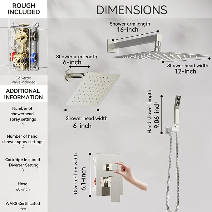 Rain Shower System Brushed Nickel, STARBATH 12+6" Dual Shower Head - Image 5