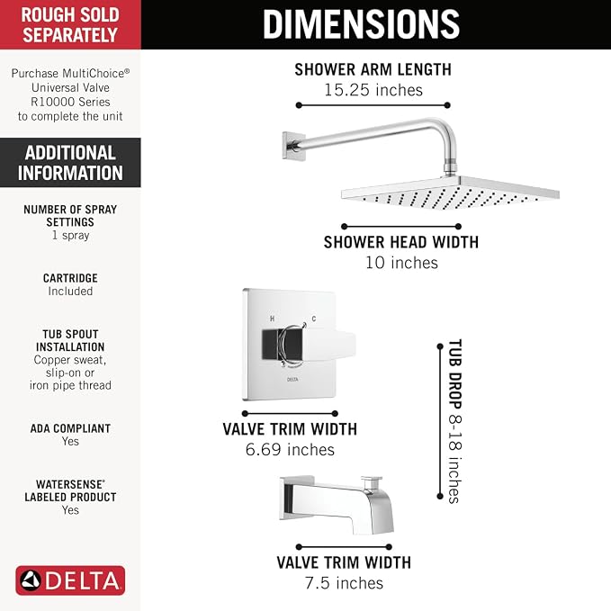 Delta Faucet Modern Raincan Square Single-Function Tub and Shower Trim Kit - Image 4