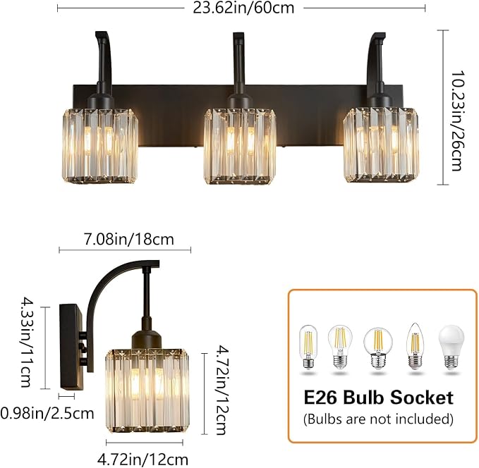 Crystal Vanity Lights 3-Light Black Bathroom Vanity Lights Modern Crystal - Image 4