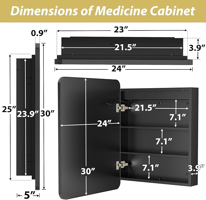 APRILSOUL 24X30 Inch Black Bathroom Medicine Cabinet - Image 4