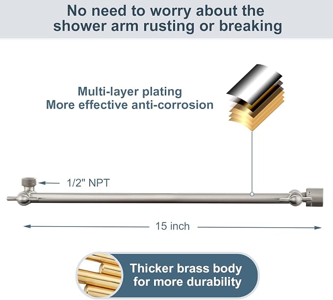 BRIGHT SHOWERS 15 Inch Extra Long Shower Head Extension Arm, Solid Brass Shower - Image 2