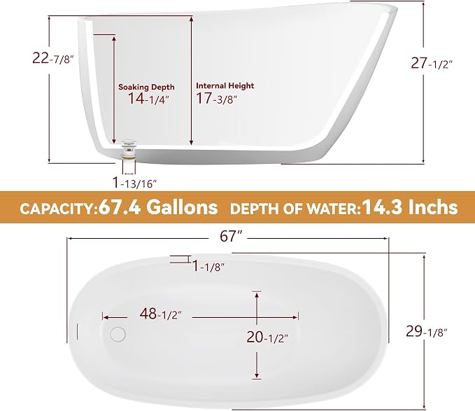 67" Free Standing Tub, Pure Acrylic Freestanding Bathtub, Stylish Stand Alone - Image 8