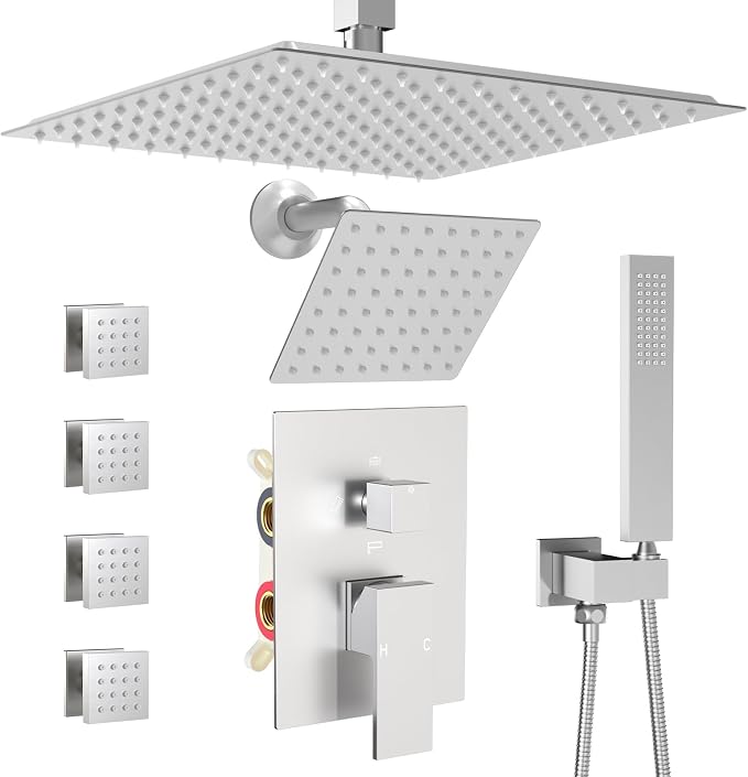 Enga Shower Systems with 4 Body Spray Jets, 4 Way 12+6" Rainfall Shower Head by Enga