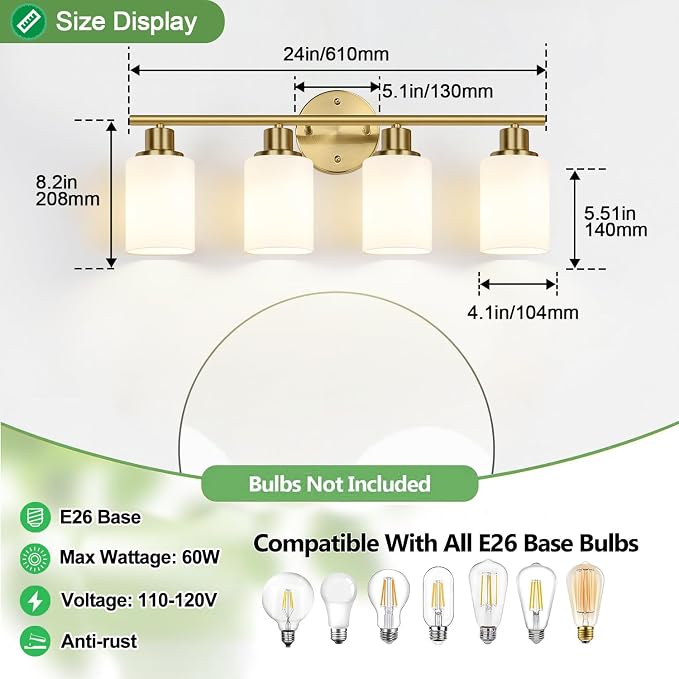 4-Light Bathroom Light Fixtures, Brushed Gold Modern Vanity Lights - Image 8