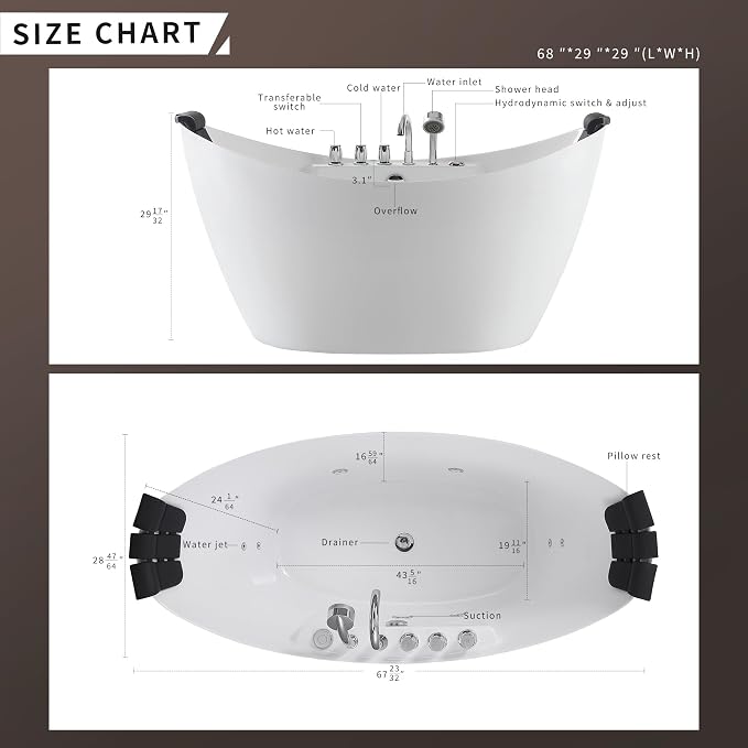Empava 67" Freestanding Whirlpool Bathtub Oval - Image 4