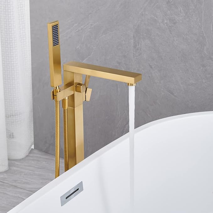 Freestanding Bathtub Faucet Tub Filler Brushed Gold Floor Mount Bathroom - Image 4