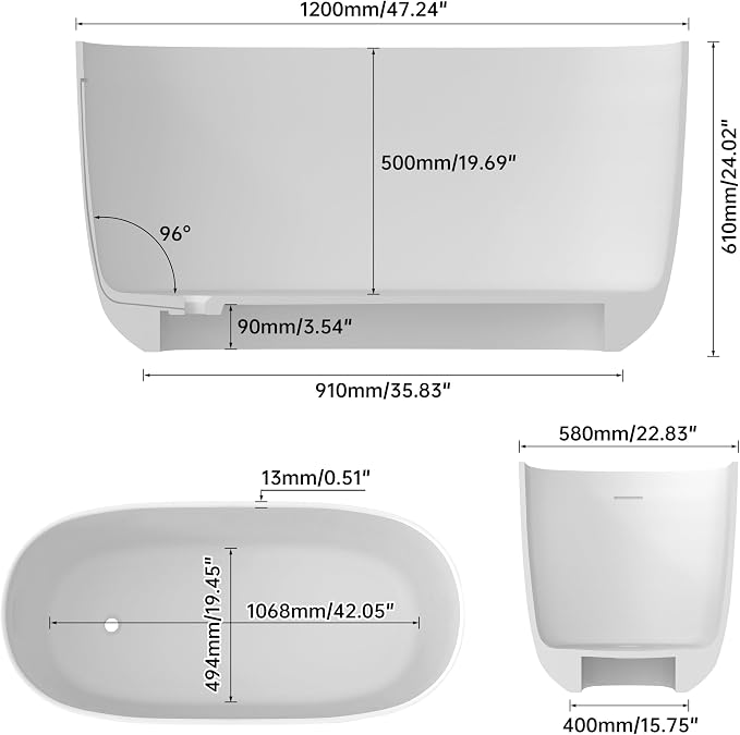47" Stone Resin Freestanding Bathtub, Oval Solid Surface Bathroom Freestanding - Image 5