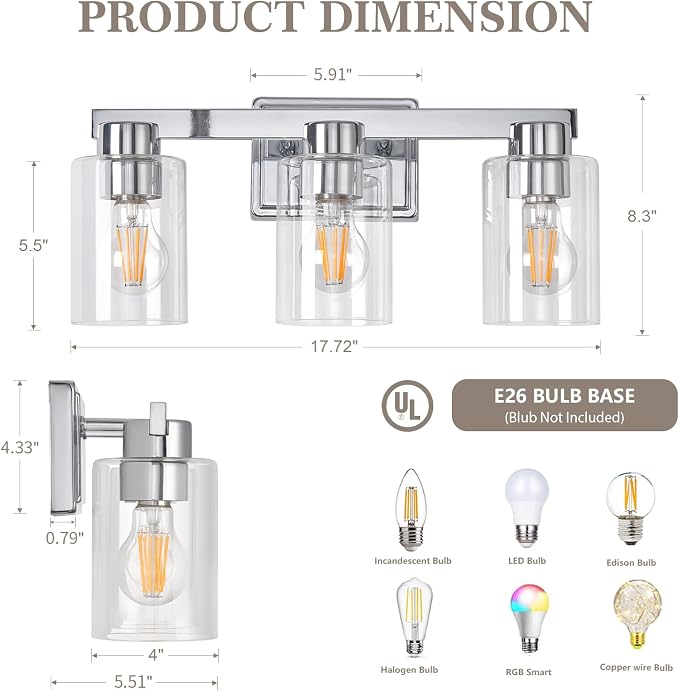 3-Light Bathroom Light Fixtures Modern Chrome Vanity Lights - Image 4