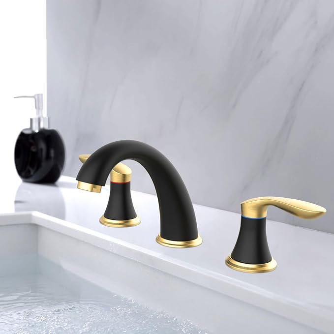 Bathroom Sink Faucet, Faucet for Bathroom Sink, Widespread Black and Gold - Image 2