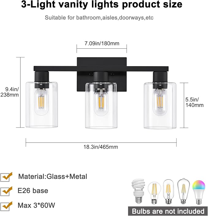 3-Light Bathroom Vanity Light, Bathroom Wall Sconce Lamp - Image 3