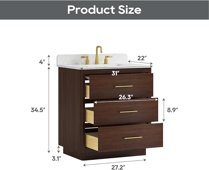 30 Inch Bathroom Vanity with Sink, Solid Wood Frame with Engineered Marble - Image 2