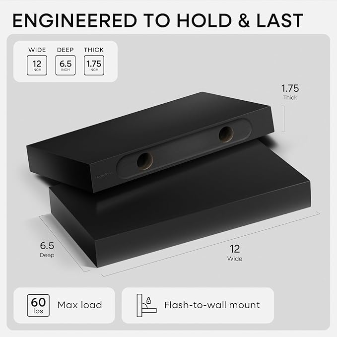 Homeforia Floating Shelf Black 12 inch, High End Solid Real Wood Small 12inch - Image 3