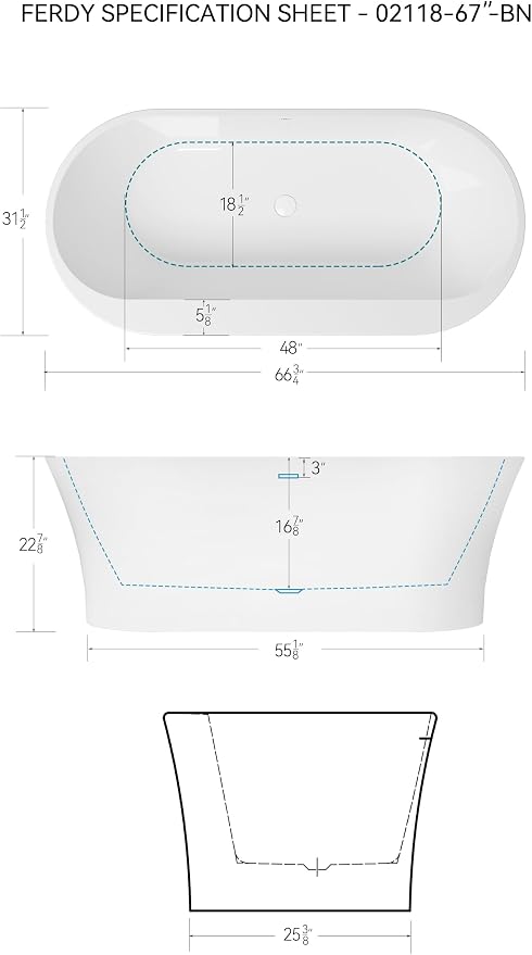 FerdY Mauritius 67" Acrylic Freestanding Tub, Oval Contemporary Soaker Tub - Image 4