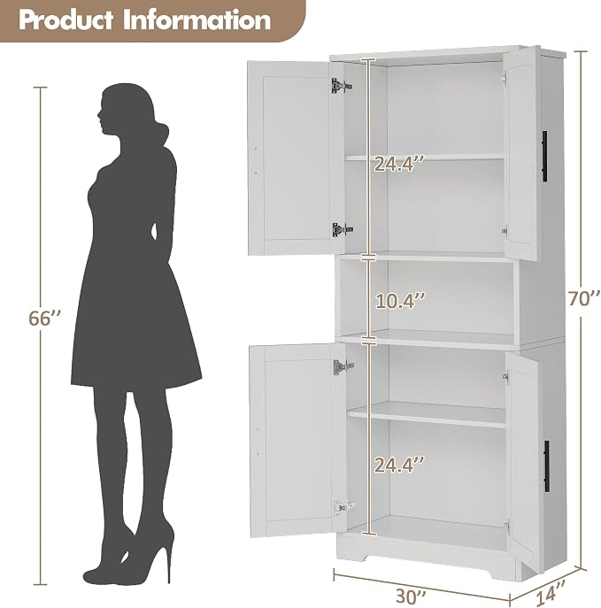 IDEALHOUSE White Pantry Cabinet, Freestanding Cupboard, Tall Storage Cabinet - Image 2