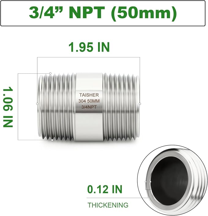 TAISHER 2PCS Stainless Steel Pipe Fittings, 3/4" NPT Male x 3/4" NPT Male - Image 2