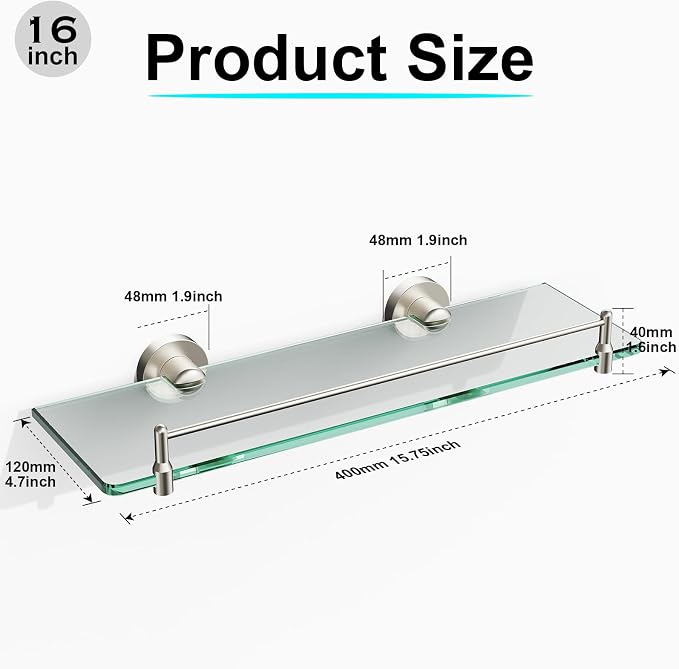 Glass Bathroom Shelves, Brushed Nickel Floating Shelves - Image 3