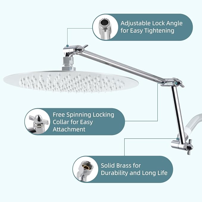 iFealClear All Metal 16" Shower Head Extension Arm, Solid Brass Shower Head - Image 3